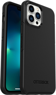 Angled Black Otterbox Iphone 13 Pro Max Symmetry+ Case From The Front And Back
