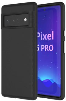 Vue en angle de l’arrière et l'avant de l’étui d'Axessorize PROTech noir pour Pixel 6 Pro