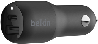 Angled view of black Belkin 30W Dual Port Car Charger 
