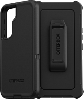 Angled Black OtterBox Galaxy S22 Defender Case from the back with holster