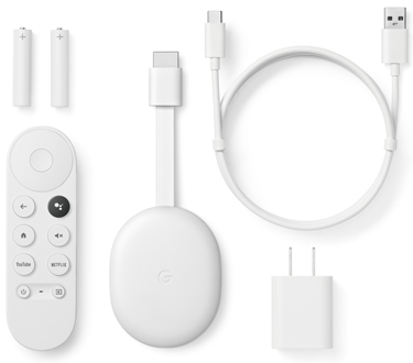 Google Chromecast, remote, coiled USB-C, power adapter and batteries