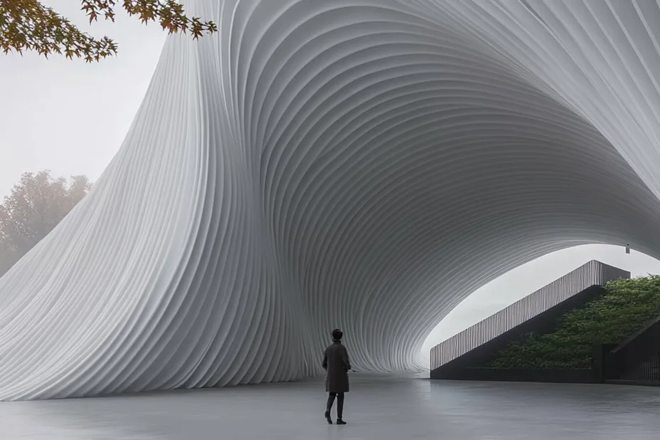Persona che cammina sotto una grande struttura architettonica bianca dal design moderno, caratterizzata da forme fluide e linee ondulate, in una giornata autunnale.