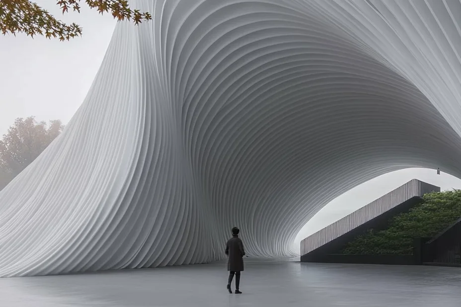A person walks under a large white architectural structure with a modern design, characterized by fluid shapes and wavy lines, on an autumn day.