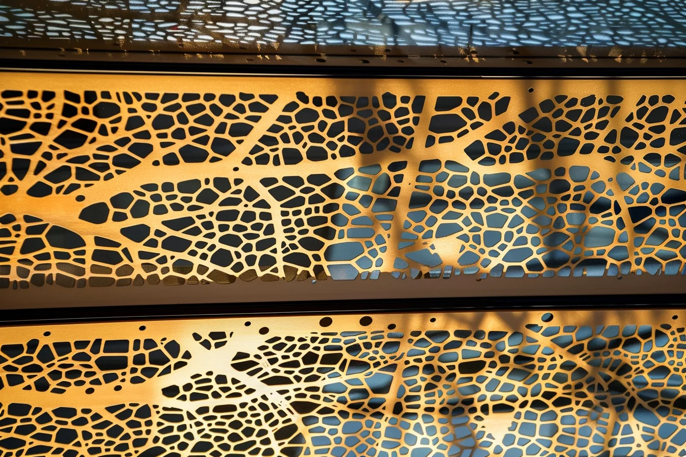 Decorative laser-perforated metal panel with golden organic motifs for interior and exterior use.
