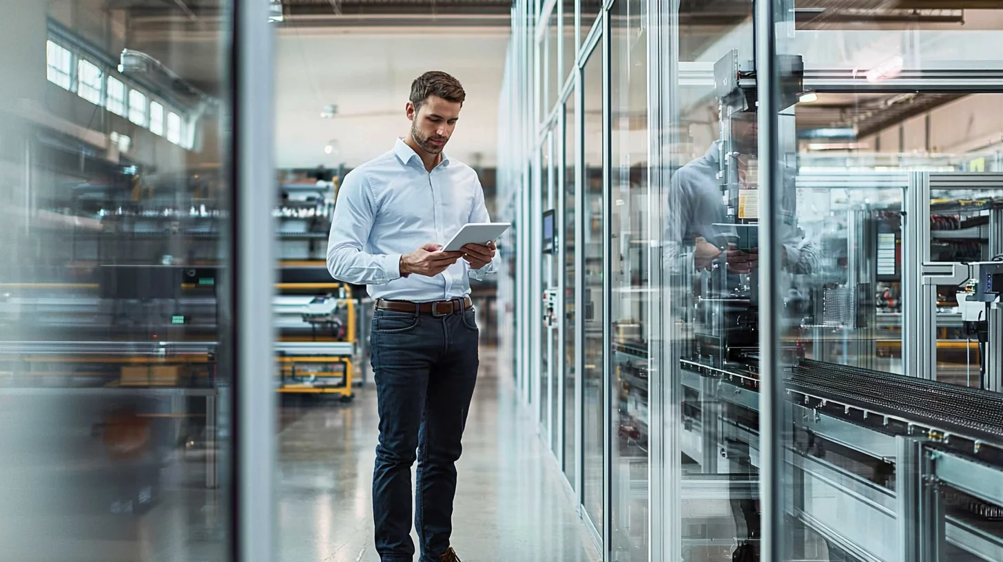 Engineer or company manager in white shirt using a digital tablet inside a modern, high-tech factory.