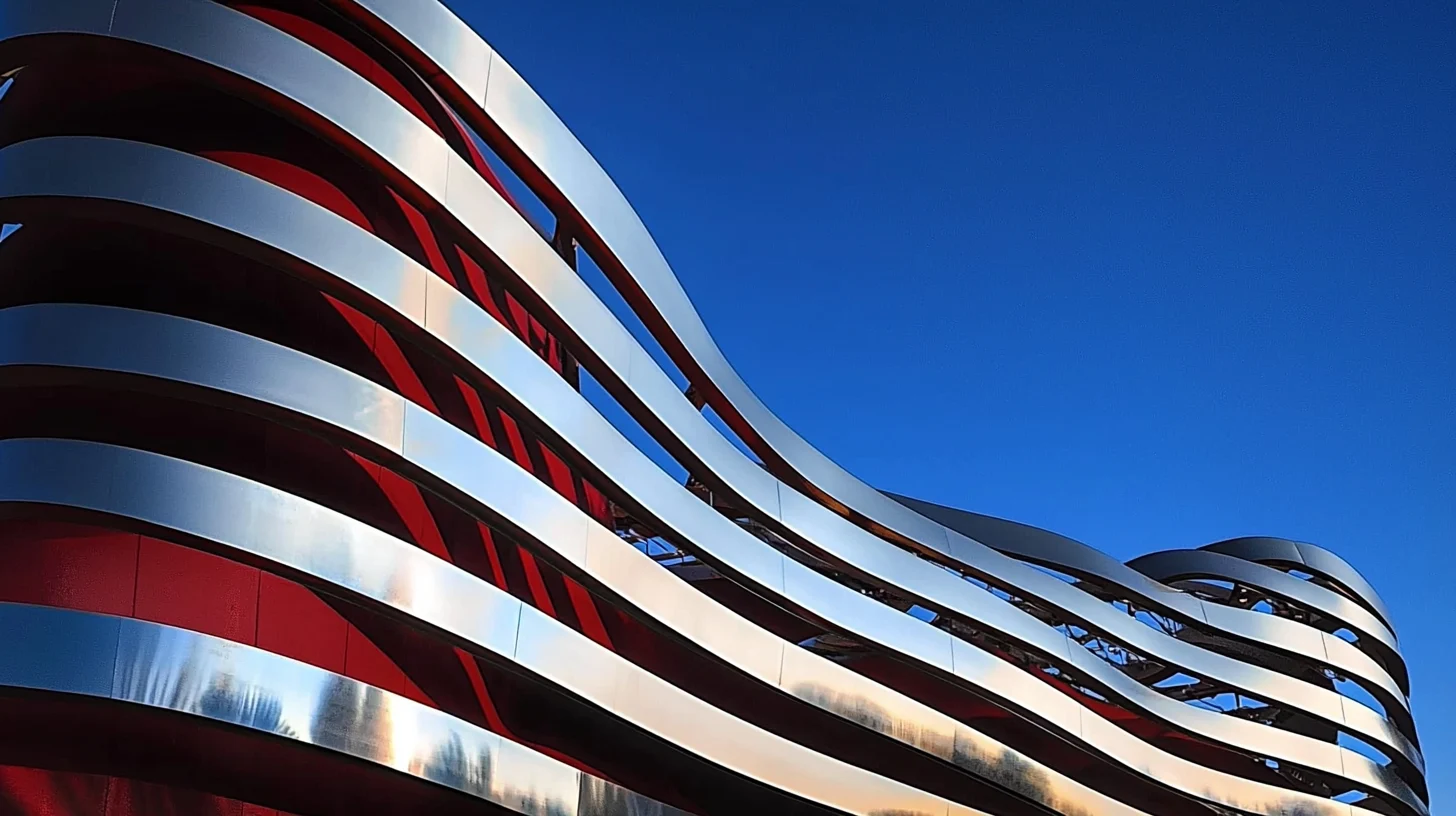 Detail of the steel curves and red walls of the Petersen Automotive Museum under a clear blue sky.