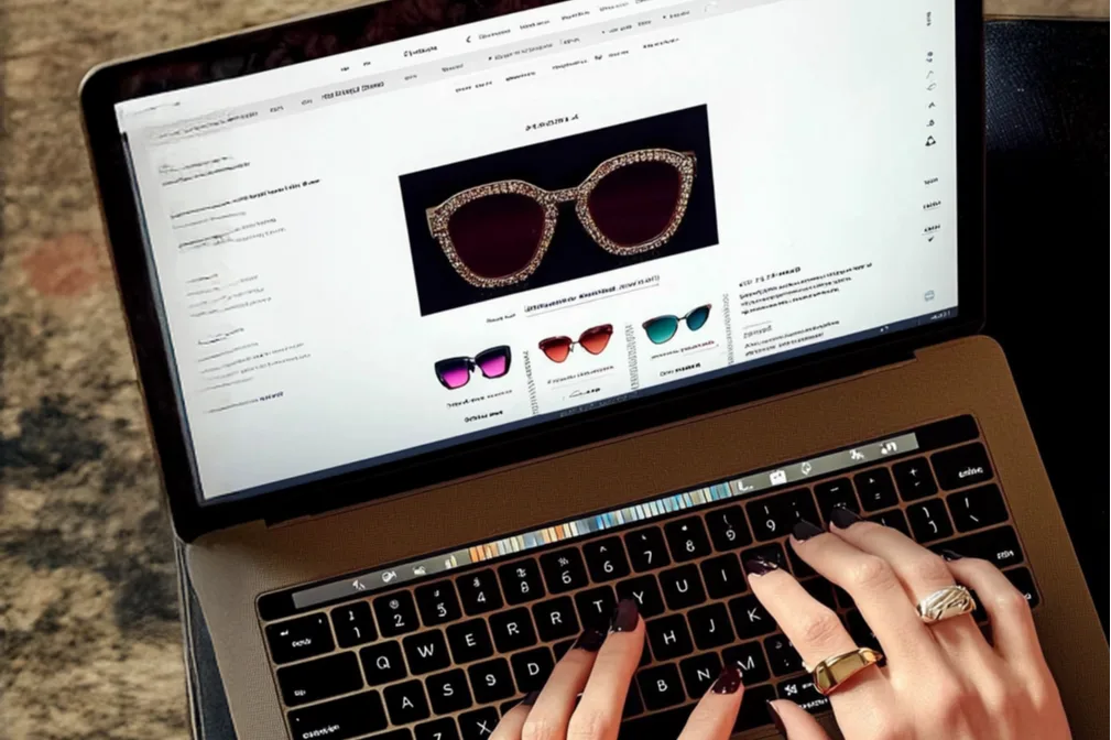 Vista dall'alto di una persona che usa un computer portatile per fare shopping online su un sito di occhiali da sole. Sullo schermo è visibile la pagina di un prodotto che mostra un paio di occhiali con montatura glitterata e altre varianti di colore in basso.