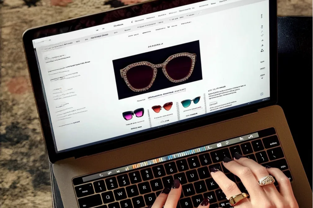 A top-down view of a person using a laptop to shop online for sunglasses. A product page is visible on the screen, showing a pair of sunglasses with glittery frames and other color variations below.