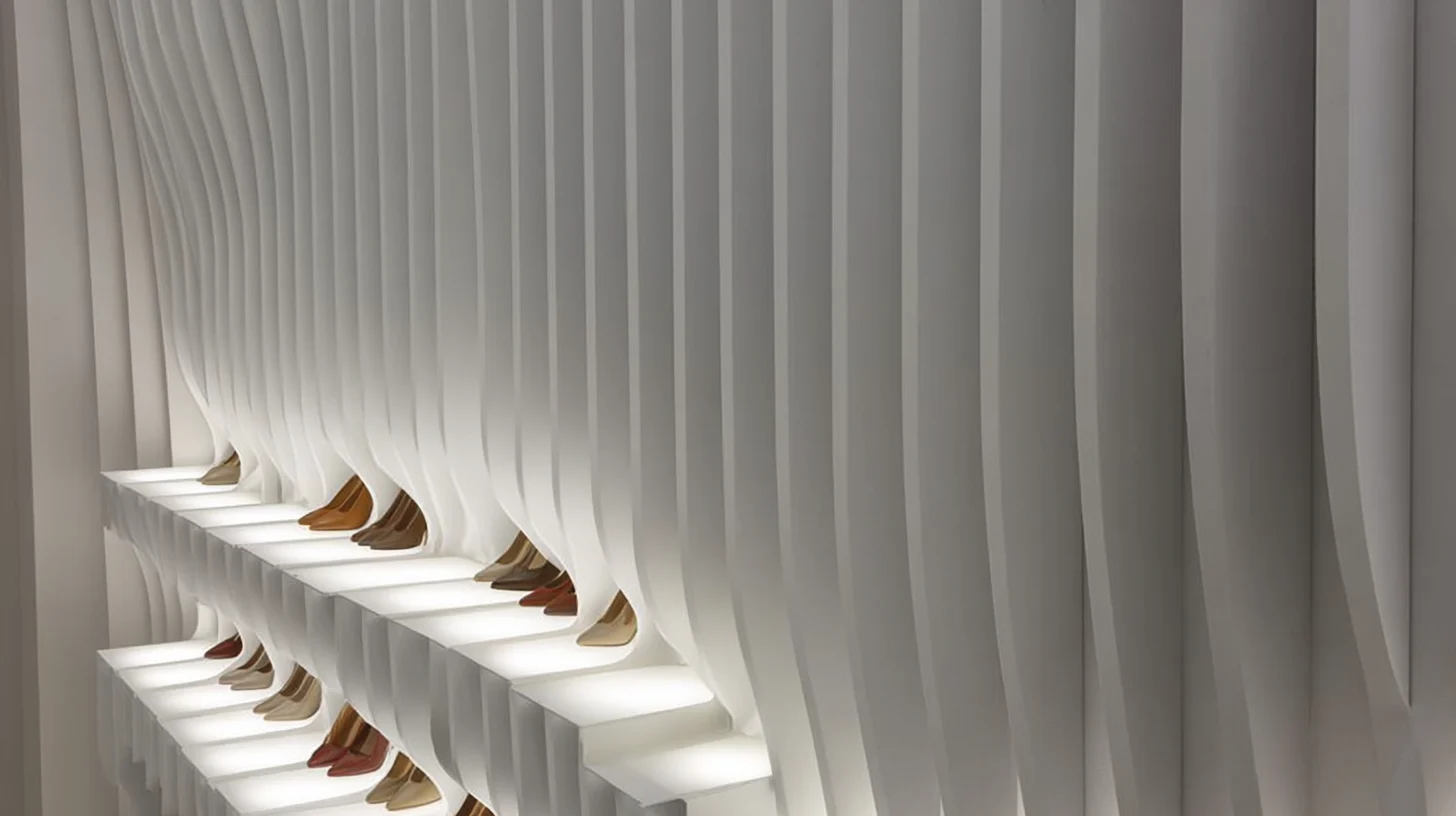 Esposizione di scarpe col tacco da donna su ripiani illuminati all'interno di un negozio dal design minimalista.