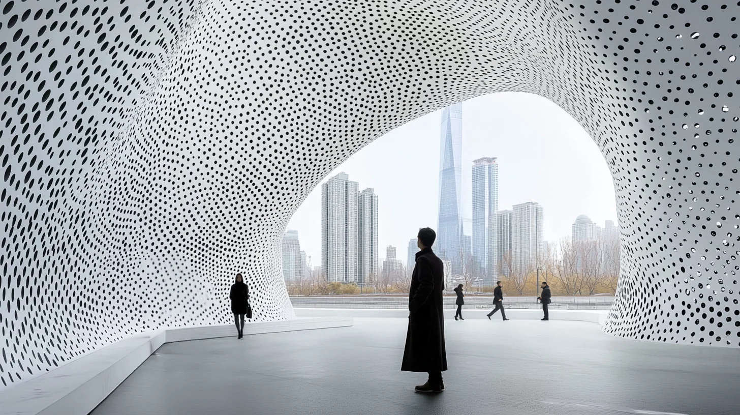 Struttura architettonica bianca dalle forme fluide e organiche, decorata con un fitto motivo di fori circolari neri, che incornicia in lontananza lo skyline di una metropoli.