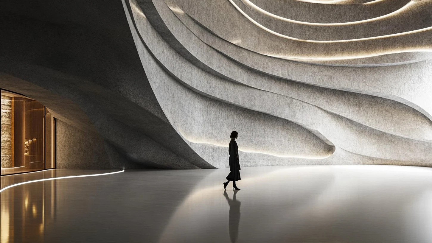 Futuristic interior design with textured curved walls, linear LED lighting, and a reflective floor.