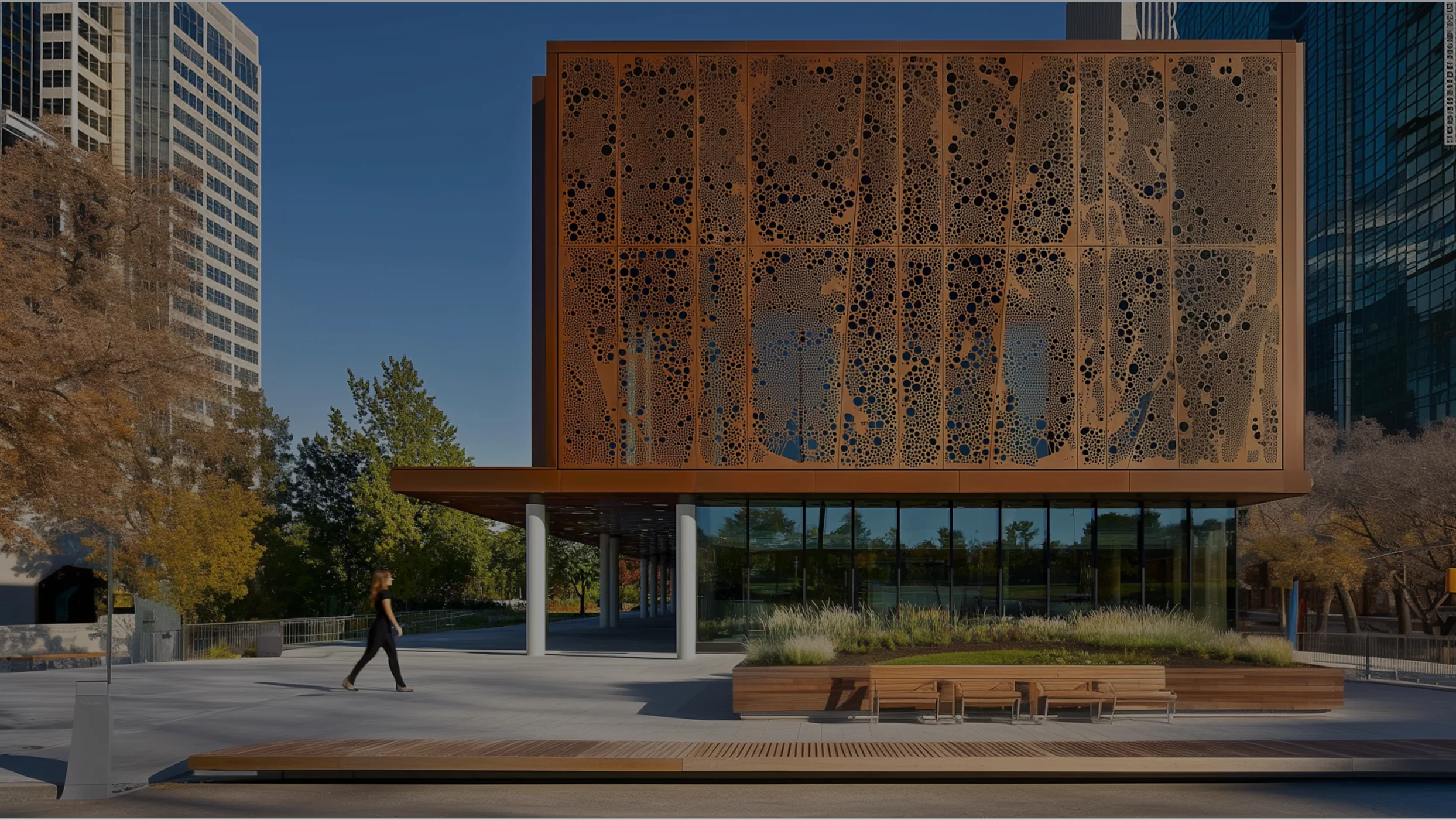 A modern building with a glass base and a rectangular upper volume clad in rust-colored Corten steel, decorated with irregular perforations. In front is a pedestrian plaza with wooden benches, flowerbeds, and a person walking. In the background are trees and skyscrapers.