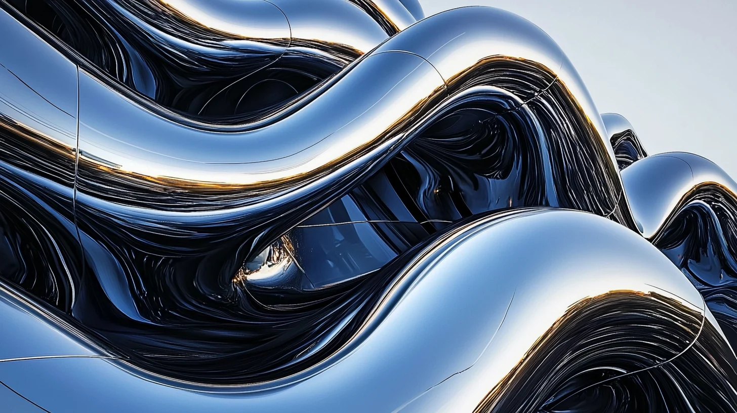 Abstract detail of waves in polished stainless steel with mirrored reflections of sunlight.