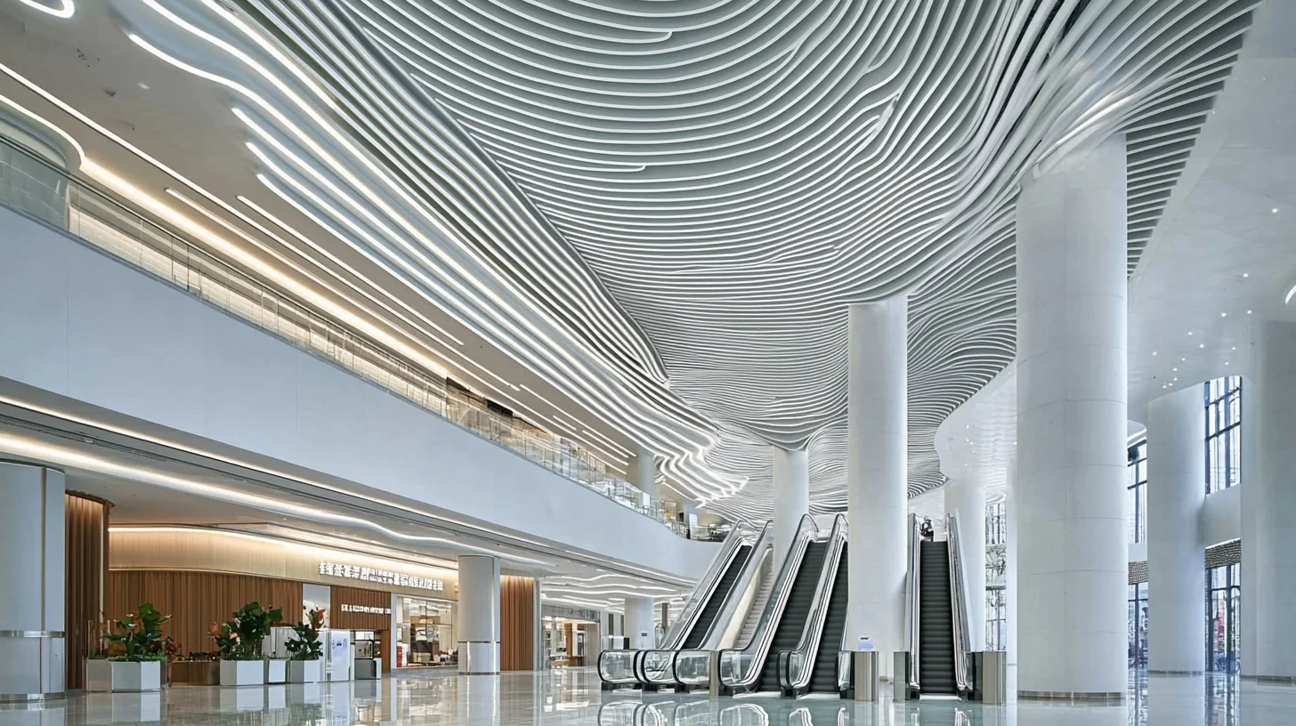 Internal atrium of a modern shopping center with a monumental wavy ceiling and escalators.
