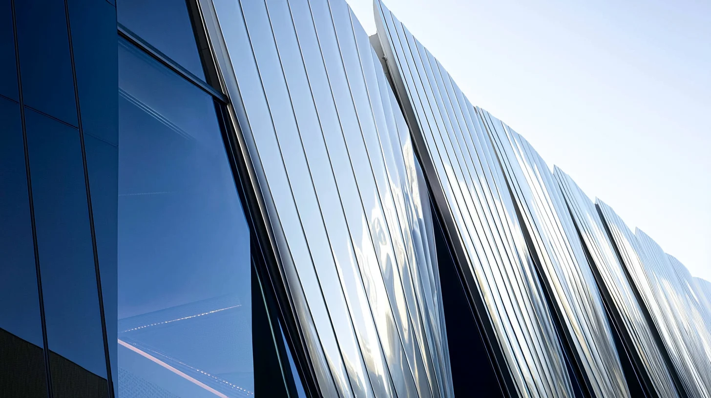Futuristic architectural facade with reflective metal panels and large blue windows.