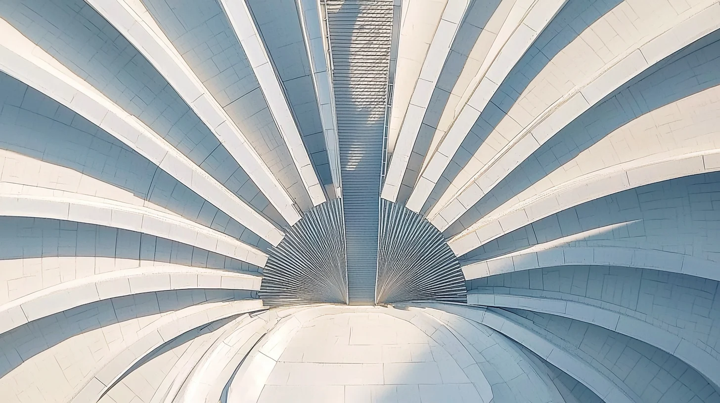 Vista dall'alto della monumentale scala a spirale bianca del teatro d'opera di Shanghai, con una geometria radiale che ricorda un ventaglio aperto.