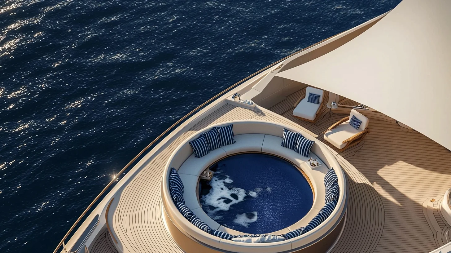 The deck of a luxury mega yacht at sea features a circular hydromassage pool and sun loungers.