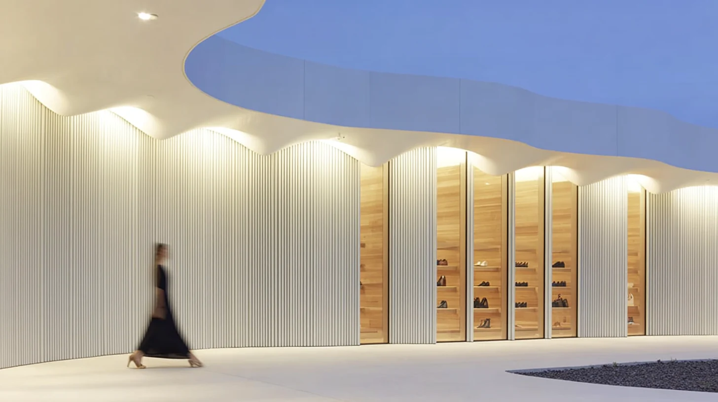 Facciata esterna di una boutique di lusso illuminata, con tettoia ondulata e una persona che cammina.