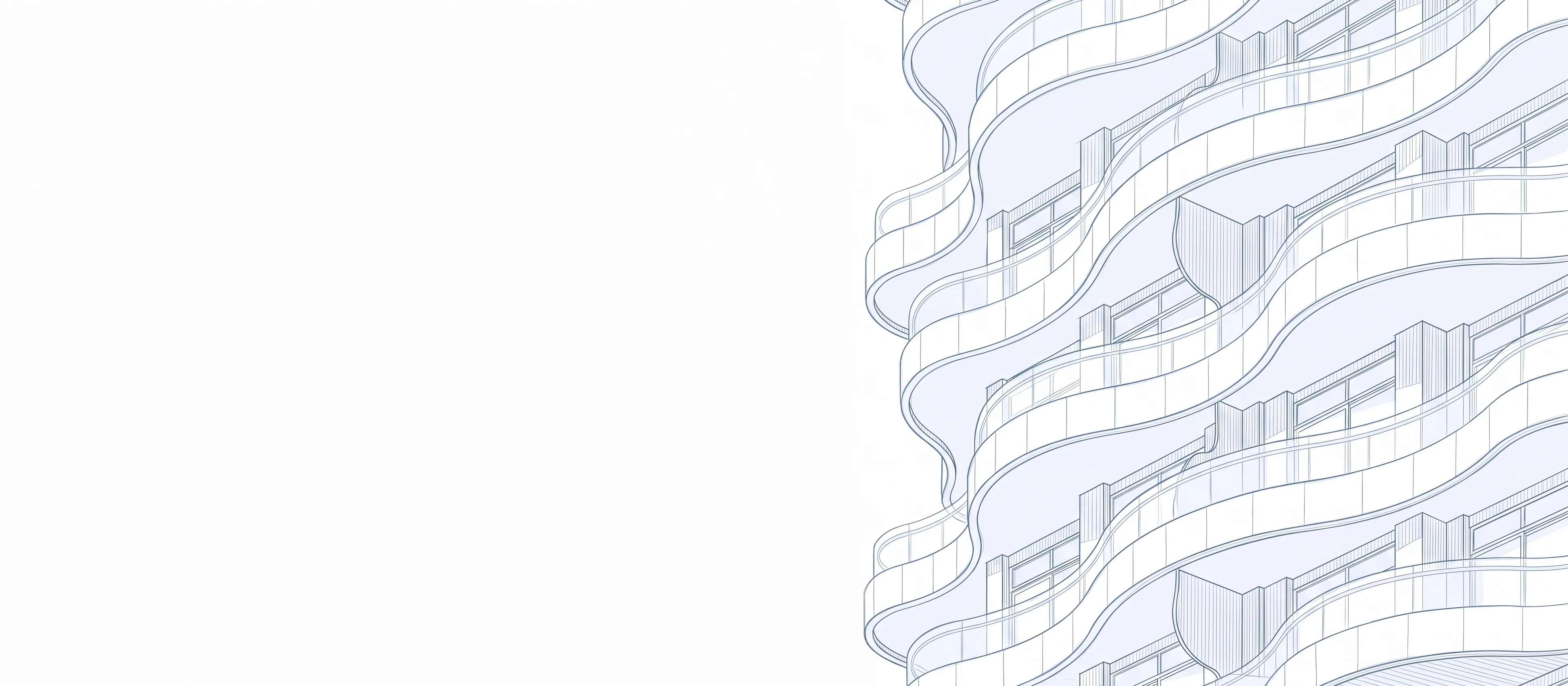 Illustrazione architettonica a linee blu di balconi ondulati posizionata sul lato destro di uno sfondo bianco.