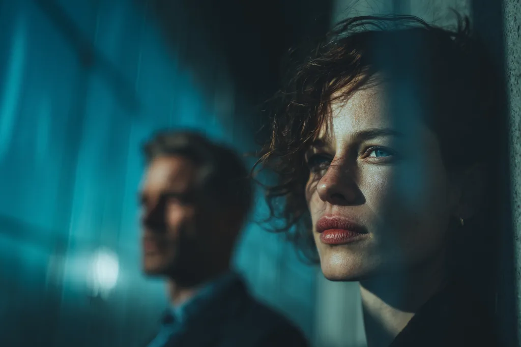 Woman in the foreground with dramatic lighting and a blurred man in the background in a cool blue toned environment.