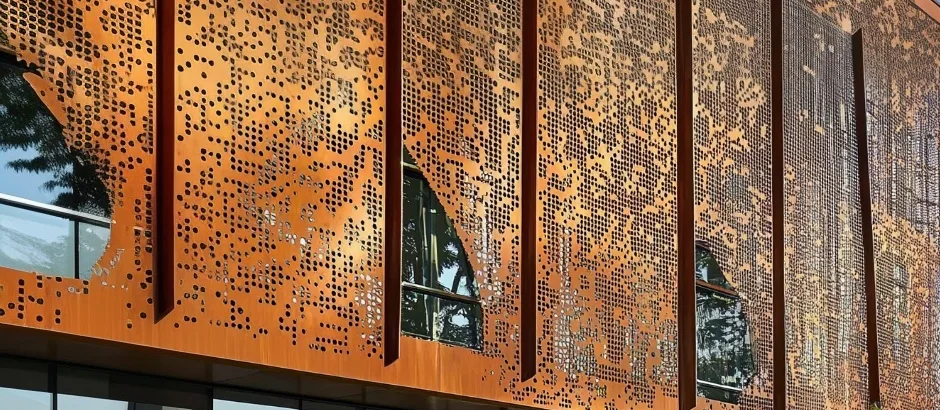 Rivestimento di facciata in acciaio corten traforato a laser con texture geometrica effetto pixel.