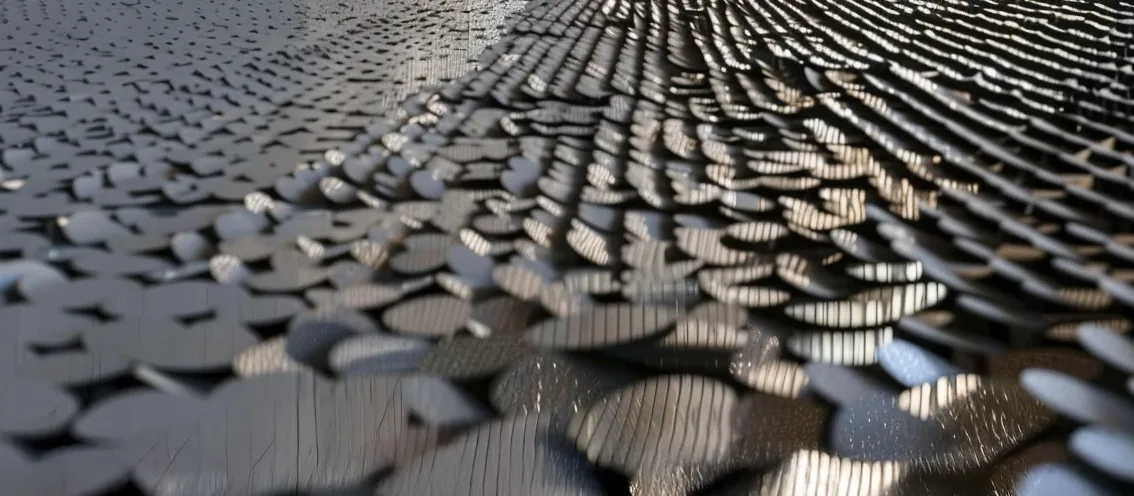Abstract architectural texture with three-dimensional black disc pattern and geometric light reflections.