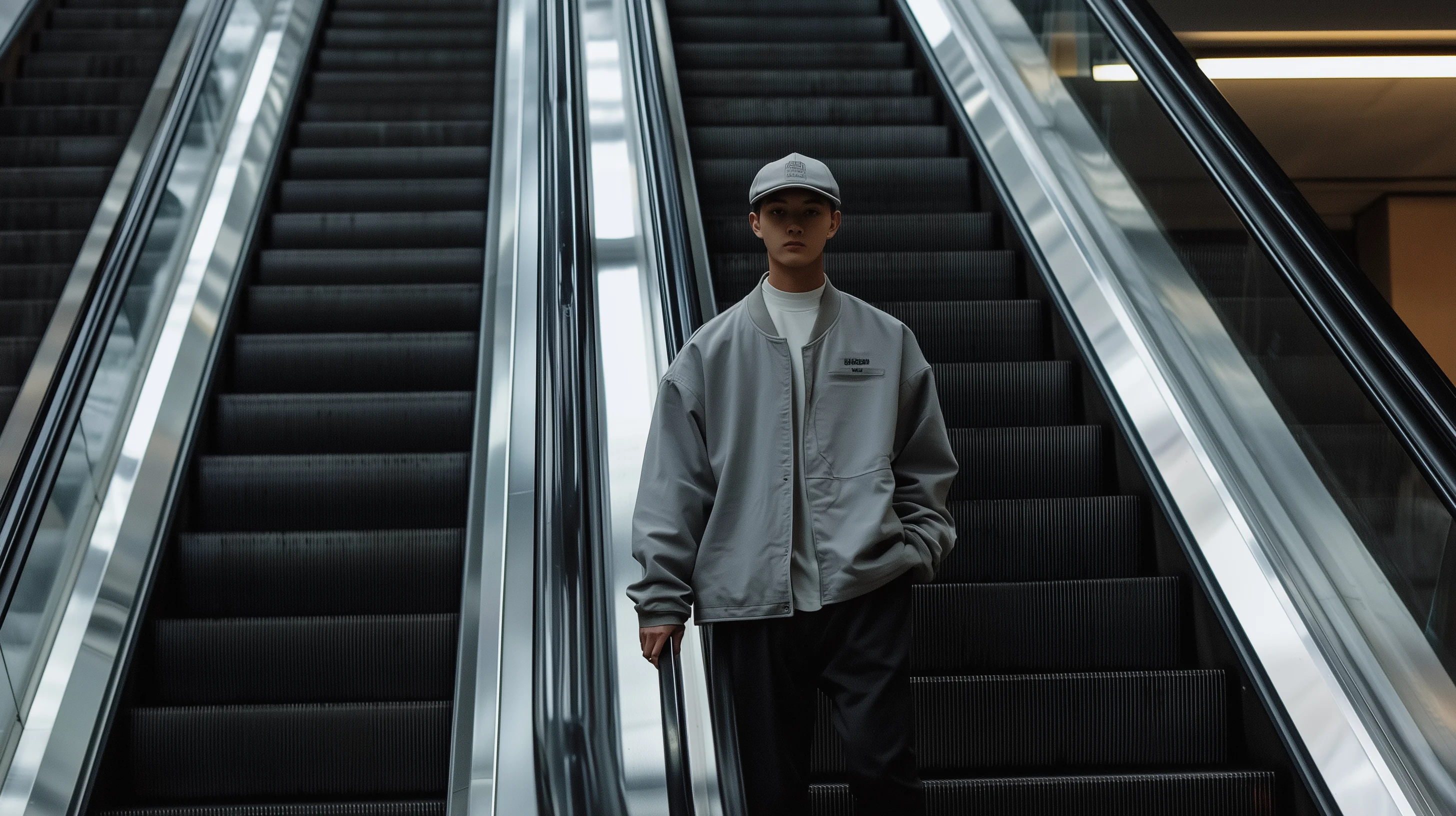 Modello con abbigliamento streetwear grigio e berretto su una scala mobile urbana.