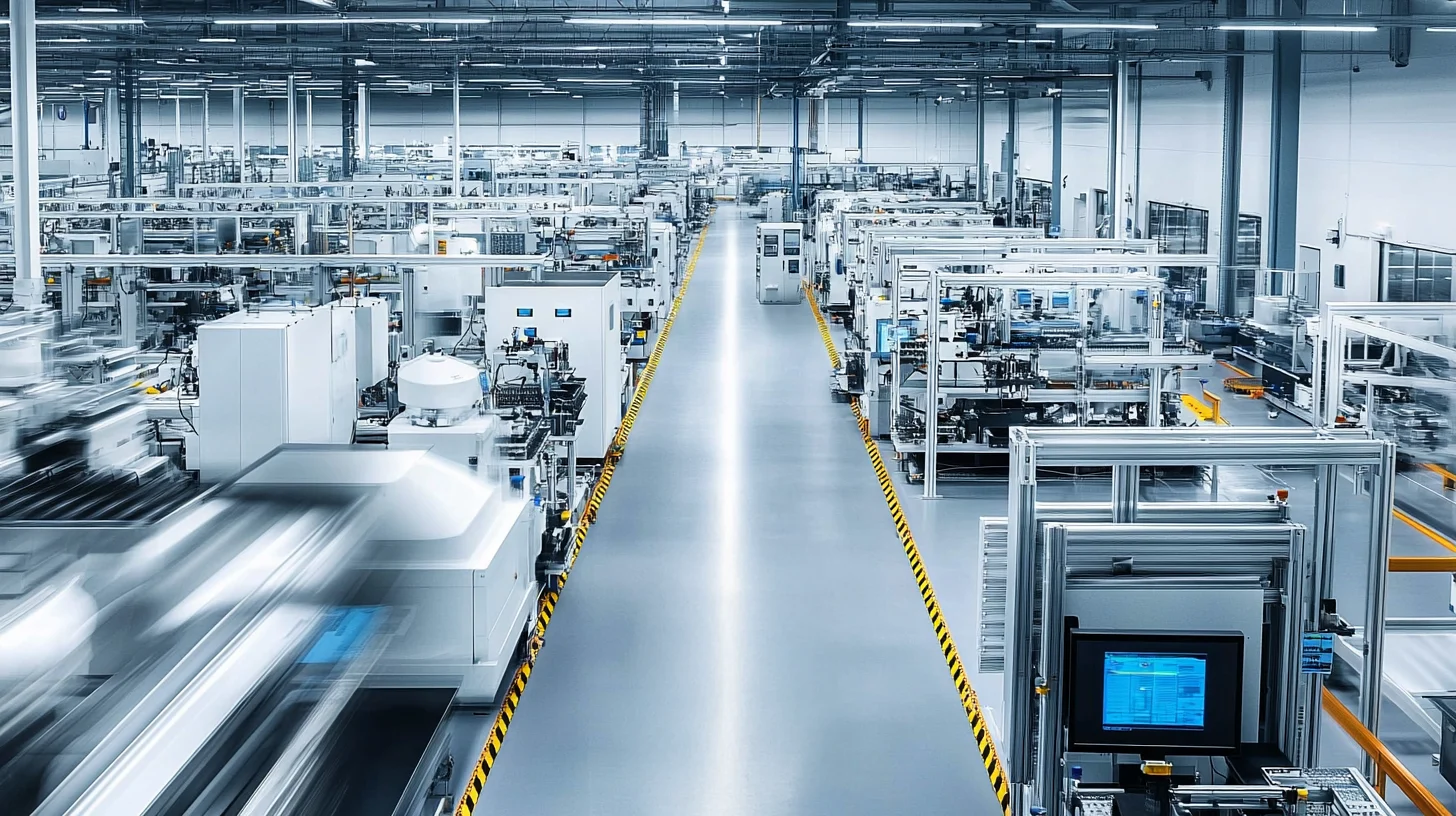 Top view of a modern, automated factory with technological production lines and clean industrial flooring.