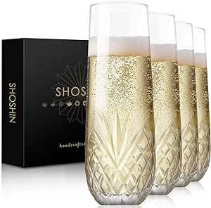 SHOSHIN Stemless Champagne Flutes, Hand Made, Set of 4, Toasting champagne glasses, Wedding Party Cocktail Cups, Wine Flute, Mimosa Glasses Set, Water Glasses, Highball Glass, 9.5oz