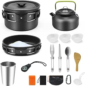 16pcs Camping Cookware Kit,Outdoor Cooking Set with Kettle,Lightweight Camping Pot and Pan for 2 to 3 People Camping,Hiking,Picnic