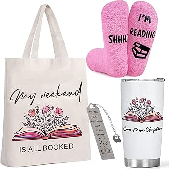 Gifts For Book Lovers - Book Accessories For Reading Lovers Include Canvas Tote Bag, 20oz Book Tumbler, Pink Sock, Bookmarks - Book Club Gifts For Readers Librarian Bookworms Friends Family, Beige