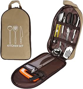 lehom Camping Kitchen Utensil Set,Camp Cookware Utensils Organizer Travel Kit,8 Piece Camping Kitchen, RV Cookware Kit, Travel Grill Set,Portable Camp Kitchen Utensil Set