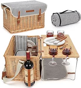 Wicker Picnic Basket for 4, 4 Person Picnic Kit, Willow Hamper Service Gift Set with Blanket Portable Bamboo Wine Snack Table for Camping and Outdoor Party