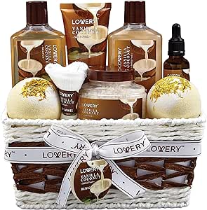 Bath and Body Gift Basket For Women and Men - 9 Piece Set of Vanilla Coconut Home Spa Set, Includes Fragrant Lotions, Extra Large Bath Bombs, Coconut Oil, Luxurious Bath Towel & More