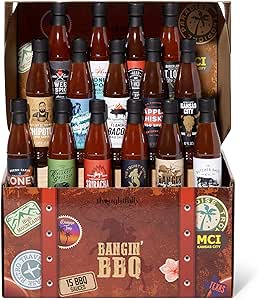 Thoughtfully Gourmet, Bangin' BBQ Sauce Variety Pack in a Travel Themed Suitcase, Vegan and Vegetarian, Flavours Include Mango, Flaming Bacon, Chipotle, Garlic and More in Glass Bottles, Pack of 15