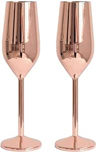 Decostatue Champagne Flutes Set of 2, 220ml 304 Stainless Steel Red Wine Glasses Set Rose Gold Shatterproof Steel Wine Goblet Metal Copper Drinkware for Pool, Champagne, Cocktail, Indoor, Party