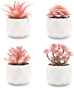 VIVERIE Pink Indoor Fake Plants in White Ceramic Succulent Pots (Set of 4) - Mini Bonsai Tree for Office Desk, House Decor, Cute Kawaii Room Decor, Zen Garden, Cottagecore Decor, Wedding Decorations