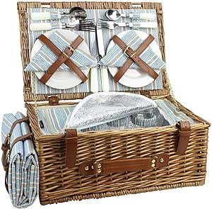 Wicker Picnic Basket Set for 4 Persons | Large Willow Hamper with Large Insulated Cooler Compartment, Free Waterproof Blanket and Cutlery Service Kit-Classical Brown