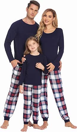 Ekouaer Family Matching Pajamas Christmas Sleepwear Long Sleeve Sleep Shirt with Plaid Pants Soft Loungewear Pjs Set S-XXL