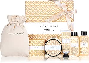 Spa Luxetique Spa Gift Set, Bath Sets for Women Gifts, 6pcs Vanilla Bath Gift Set, Travel Gift Box with Hand Cream, Body Lotion, Shower Gel, Bubble Bath, Valentine's Day Mother's Day Gifts for Her