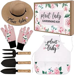 Percozzi Plant Lady Gardening Gifts for Women Gardening Tools Kit with Planting Tools Straw Hat Floral Apron Glove Birthday Gift for Her Mom Grandmother Spring Outdoor Horticulture Starter Set of 6