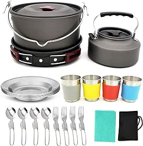 Union Army 22pcs Camping Cookware Mess Kit Large Size Hanging Pot Pan Kettle with Base Cook Set for 4 Cups Dishes Forks Spoons Kit for Outdoor Camping Hiking and Picnic