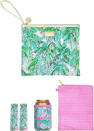 Lilly Pulitzer Water Resistant Vinyl Beach Day Pouch, Zipper Bag Includes Drink Hugger, Small Pouch, and Towel Clips