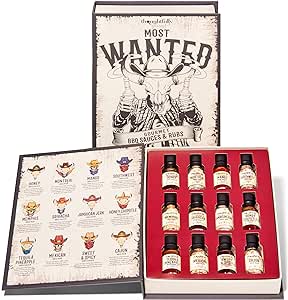 Thoughtfully Gourmet, BBQ Sauce and Rubs Book Gift Set, Includes 12 Albany Bottles Containing Sweet & Spicy BBQ, Honey BBQ, Honey Chipotle BBQ, Montreal BBQ Rub, Cajun BBQ Rub and More, Set of 12