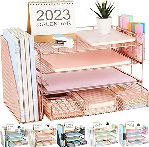 gianotter Paper Letter Tray Organizer with File Holder, 4-Tier Desk Accessories & Workspace Desk Organizers with Drawer and 2 Pen Holder for Office Supplies (Rose Gold)