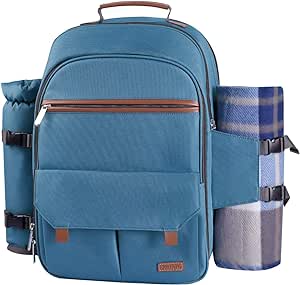 Sunflora Picnic Backpack for 4 Person, Picnic Basket Complete Set with Insulated Cooler and Blanket for Family Outdoor Camping (Light Blue)