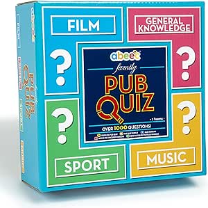 abeec Family Pub Quiz – Host Your Own Pub Quiz - Family Board Game Includes Topics Surrounding Films, History, Sport and Music – Family Game Night