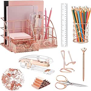 KAAKOW Rose Gold Desk Organizers and Accessories Office Supplies Set Stapler, Pen Holder, Phone Holder, Scissors, Pen, Ruler, 30 Paper Clips, 22 Binder Clip, 20 Tacks and 1000pcs Staples