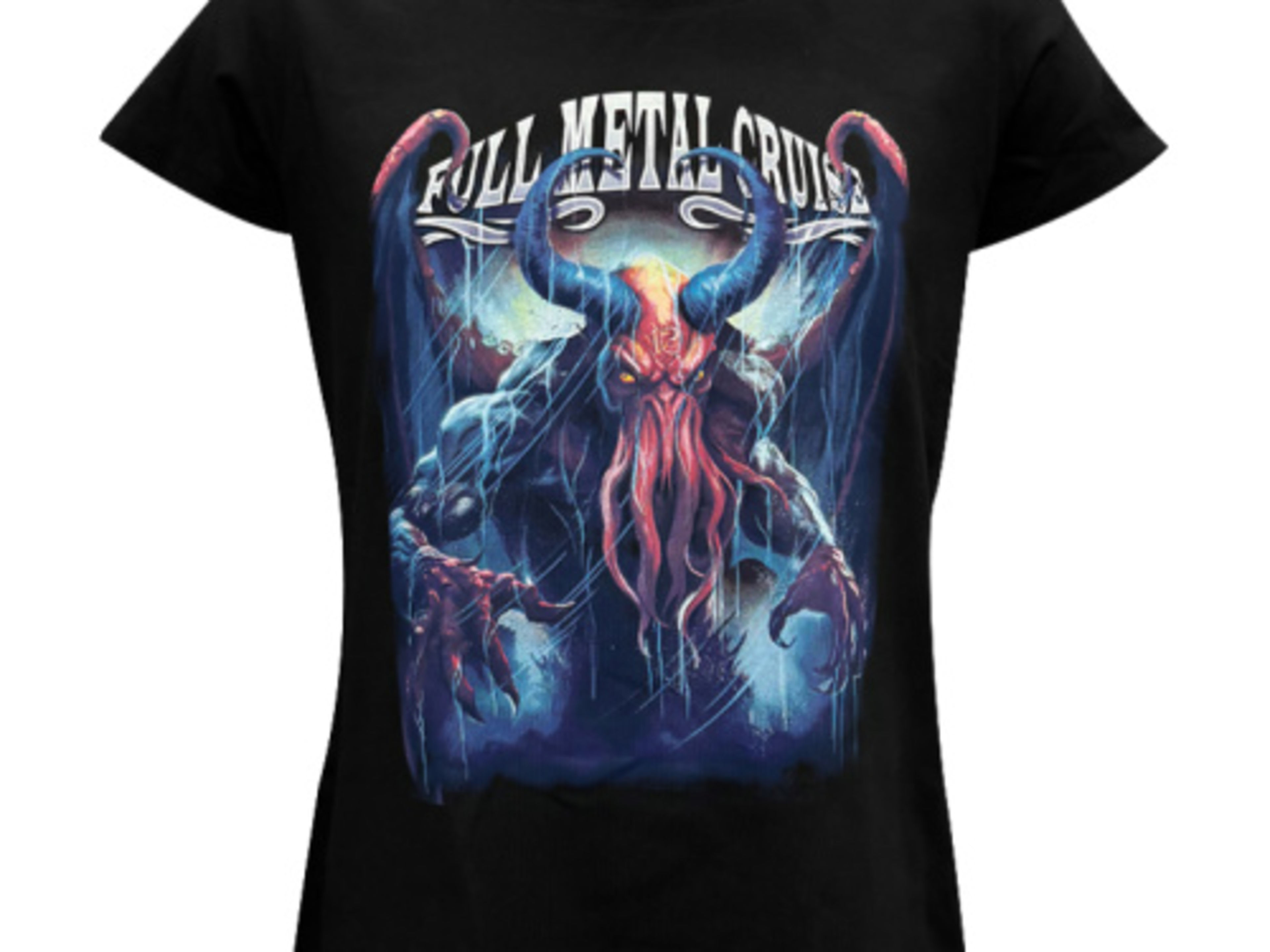 Schwarzes T-Shirt mit "Full Metal Cruise" und Kraken-Motiv. Schwarzes T-Shirt mit "Full Metal Cruise" und Kraken-Motiv.