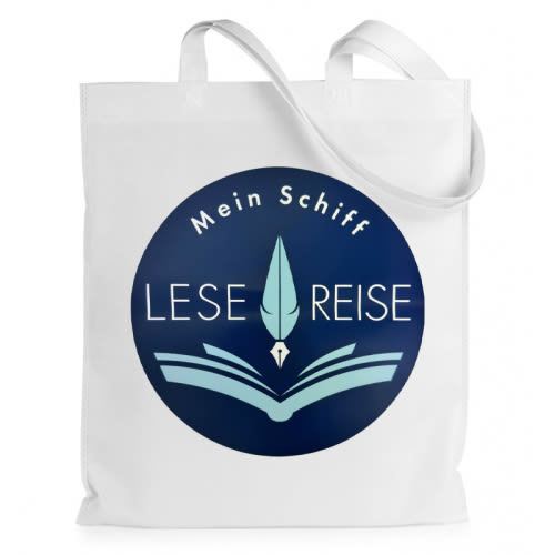 Weiße Tasche mit blauem Logo "Mein Schiff Lese-Reise", Buch und Feder.